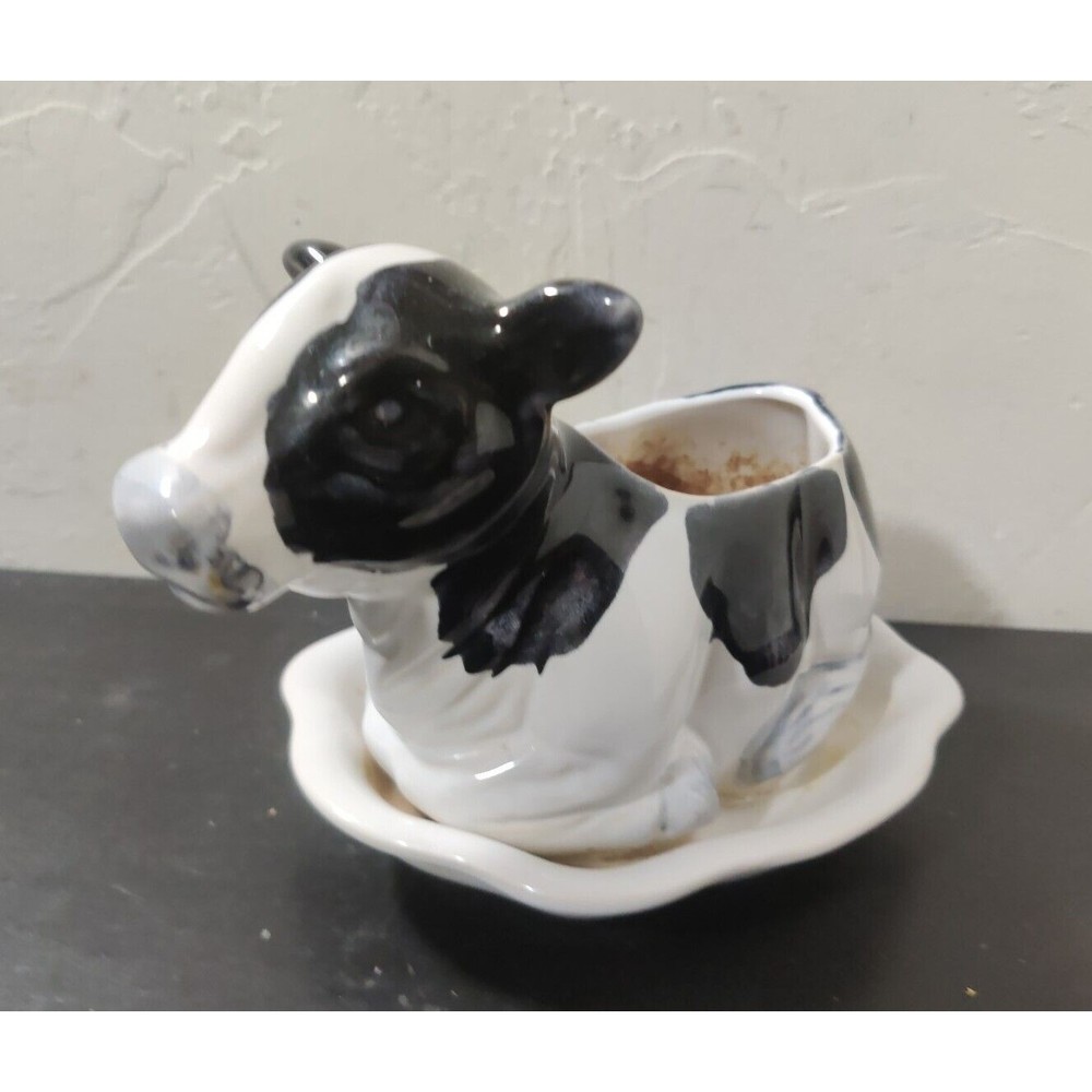 VINTAGE CDP Natural White Clay Black White Glazed Ceramic Cow Planter